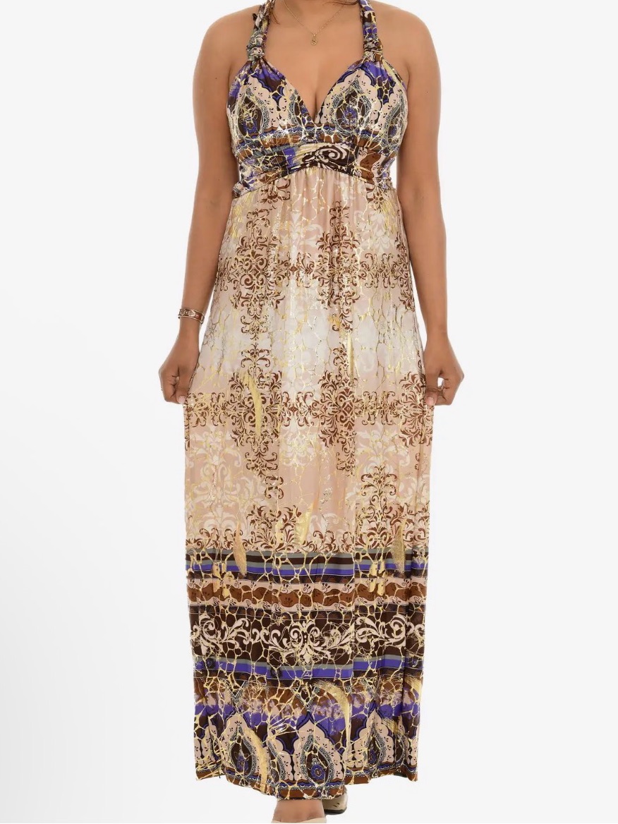 Shoreline Bohemian Printed Halter Maxi Dress - Beige, Purple & Gold Foil S/M